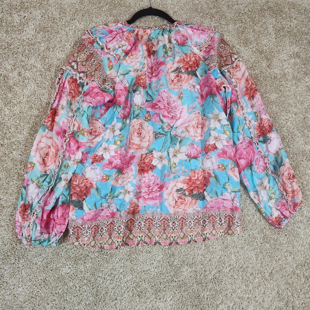 Johnny Was Blouse Floral 100% Silk Tassel‎ V-Neck Boho Pink Blue XS - Picture 7 of 9